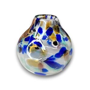 Vintage Signed Studio Art Glass Vase 4‎ in Cobalt Blue Amber Aqua Spot Pattern
